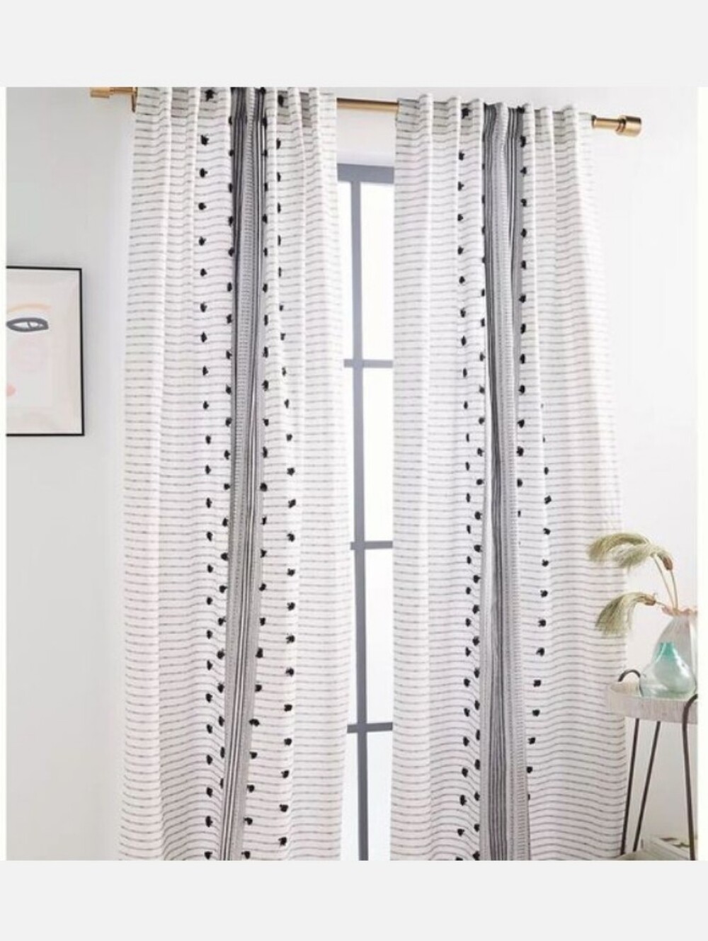 Anthropologie Pendana Striped with Black Pom-Pom Curtains 100% Cotton 1 PANEL